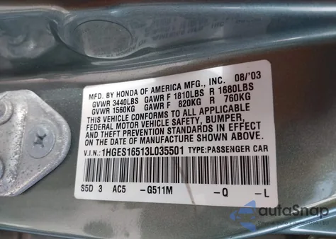 2003 Honda Civic Lx z USA, uszkodzony, nr VIN 1HGES16513L035501